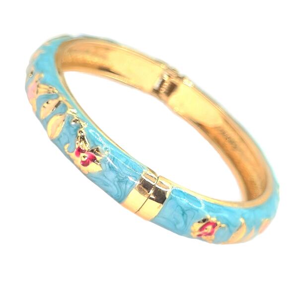 Jiu Long Xing Vintage Floral Cloisonné Turquoise Enamel Hinged Bangle Bracelet - Picture 3 of 5